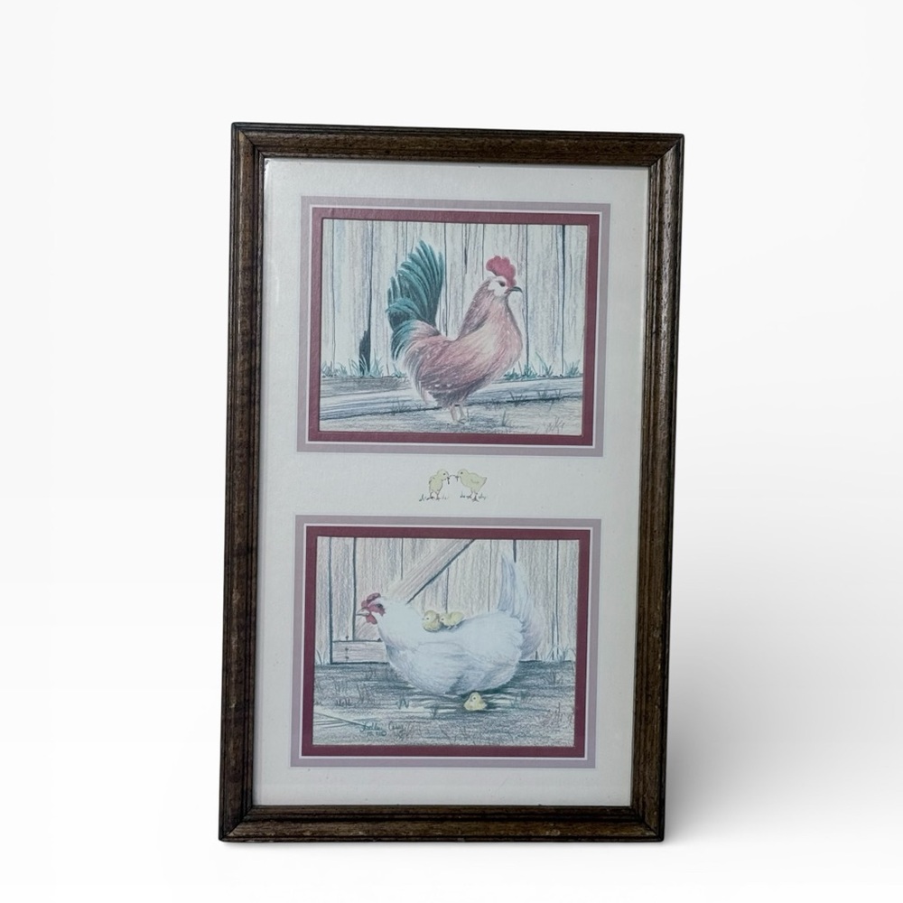 Vintage Kathleen Casey Farm Print Framed Chicken & Rooster Country Art 16"x10"